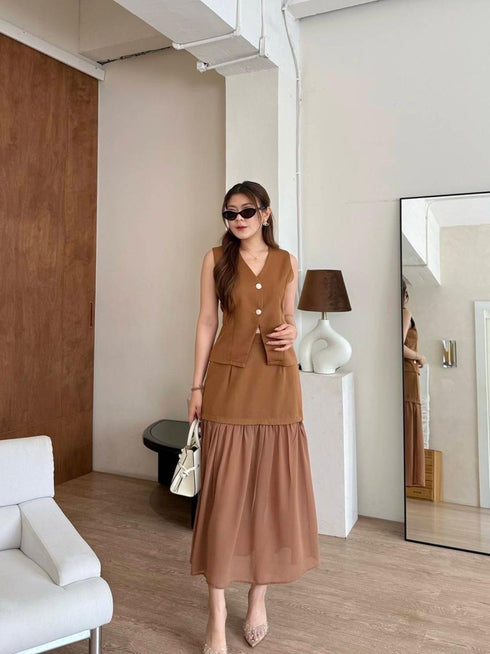 V-neck Sleeveless Blouse With Skirts Sets